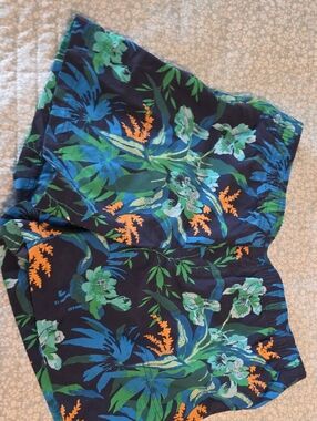 Columbia Navy Shorts with Blue, Green and Orange Tropical Print